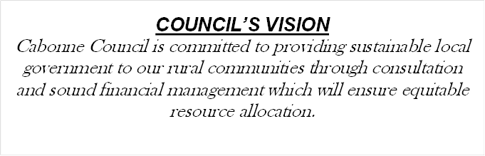 COUNCIL’S VISION
Cabonne Council is committed to providing sustainable local government to our rural communities through consultation and sound financial management which will ensure equitable resource allocation.
