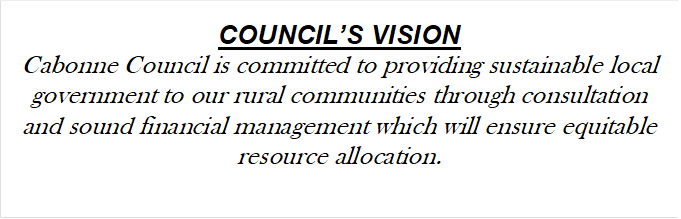 COUNCIL’S VISION
Cabonne Council is committed to providing sustainable local government to our rural communities through consultation and sound financial management which will ensure equitable resource allocation.
